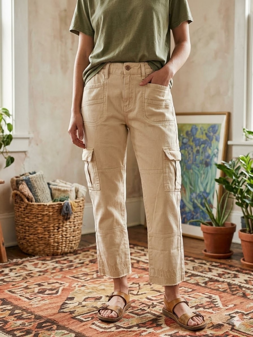 We The Free Beige Cargo Ankle Jeans
